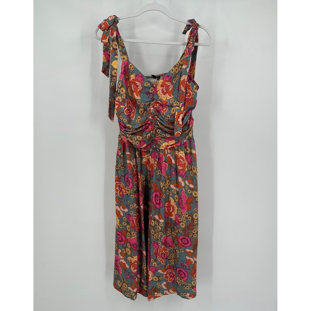 Womens Boho Mod Dress Size XL Festival Hippie Psychedelic Ruched Smockedโ Floral